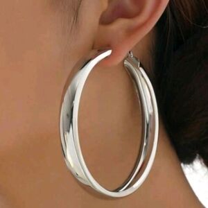 NEW! 14K White Gold Silver Plated Chunky| Wide| Thick| Large Hoop Earrings